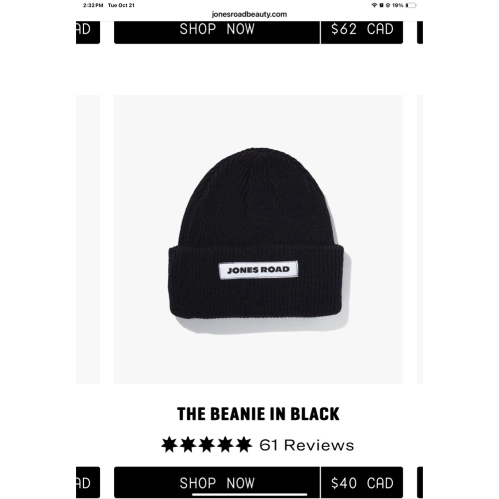 Jones Road Black wool rib knit logo Beanie One Size